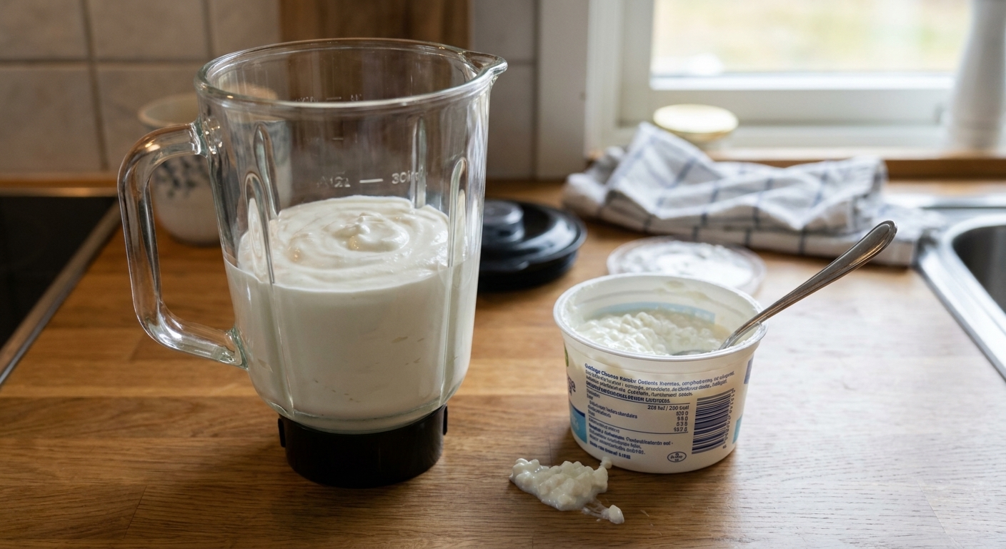 A real photo of a blender jar filled with whipped cottage cheese on a kitchen countertop, with a spoon and an open container of cottage cheese nearby