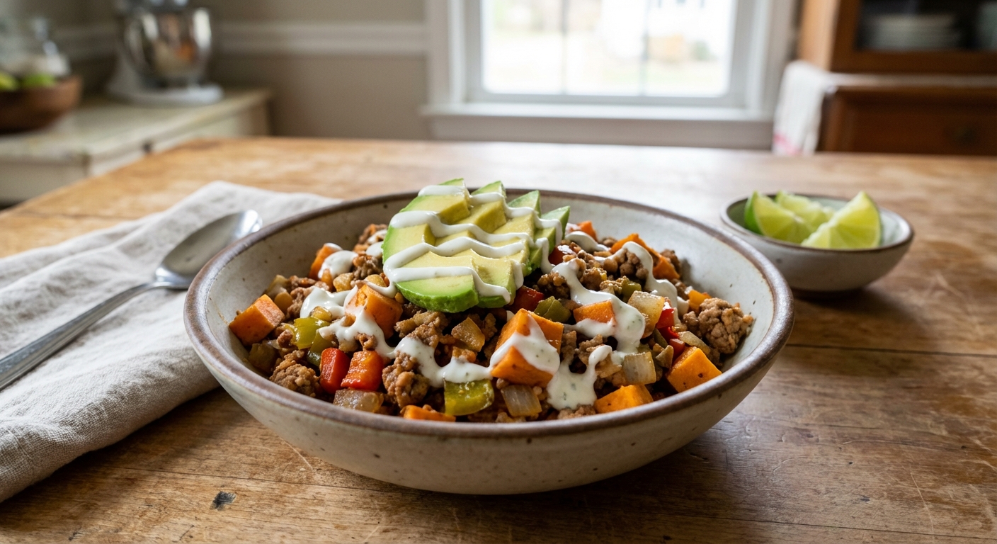 A real photo of a bowl filled with the ground turkey sweet potato skillet topped with sliced avocado and a drizzle of lime yogurt sauce on a kitchen table