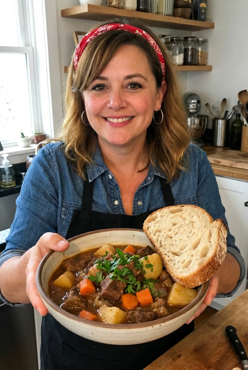 A real photo of a bowl of beef stew being served with a slice of crusty bread on the side