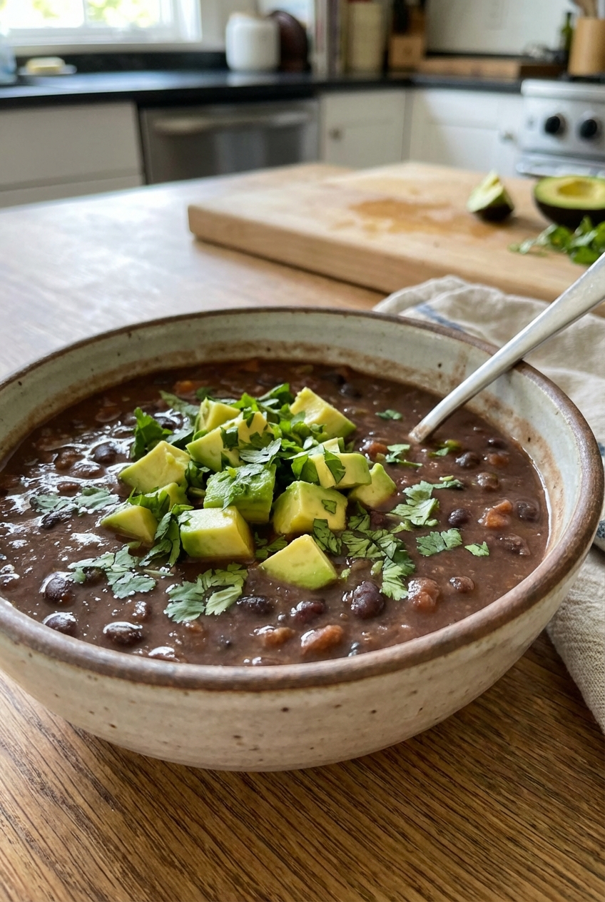 A real photo of a bowl of black bean soup with diced avocado and cilantro on top