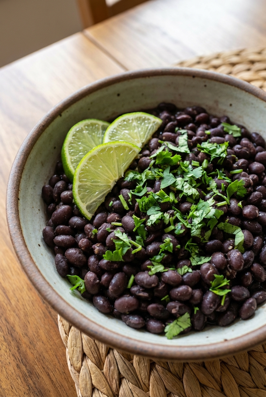 A real photo of a bowl of black beans with lime wedges and cilantro