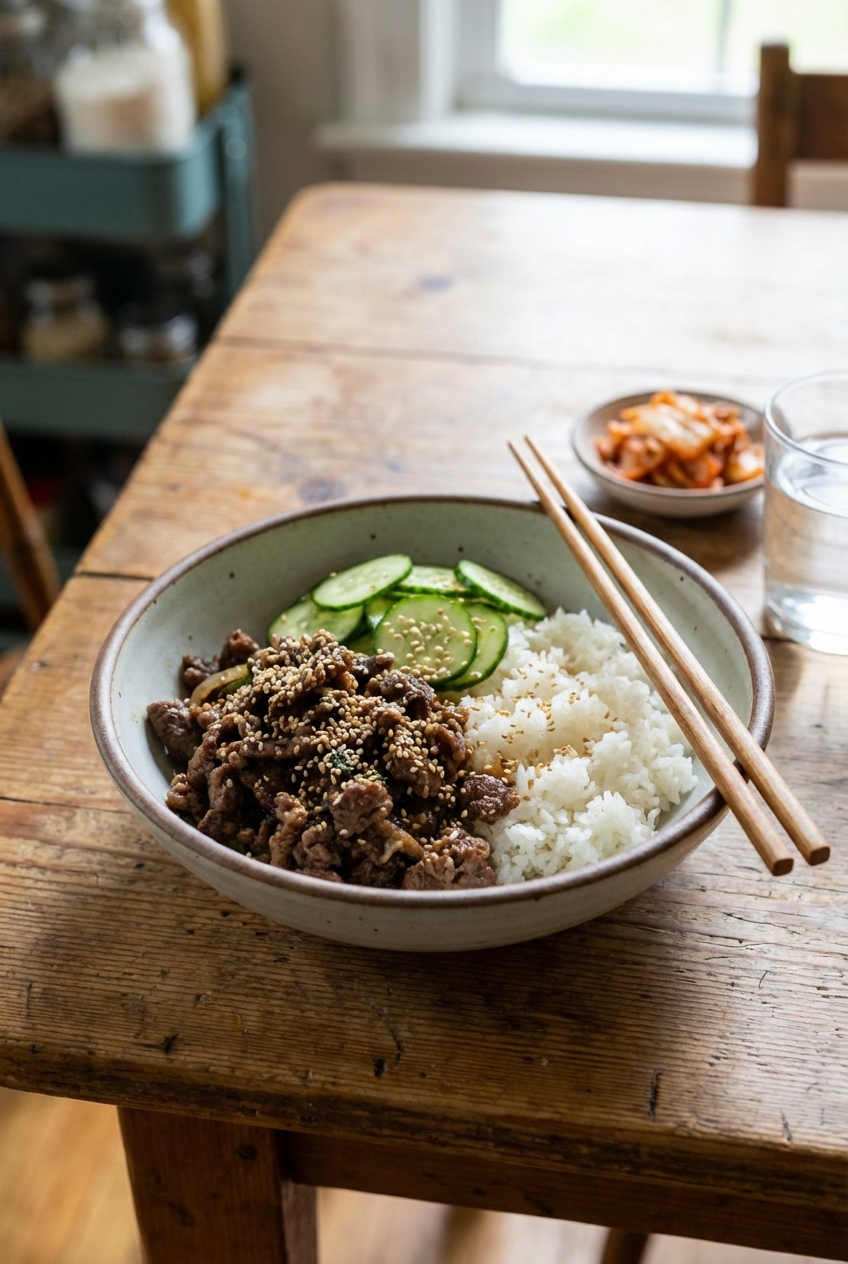 A real photo of a bowl of bulgogi over steamed white rice with cucumbers and sesame seeds on a wooden table
