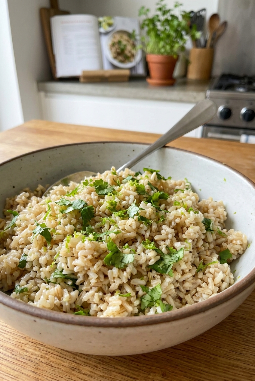 A real photo of a bowl of cilantro lime brown rice with a spoon