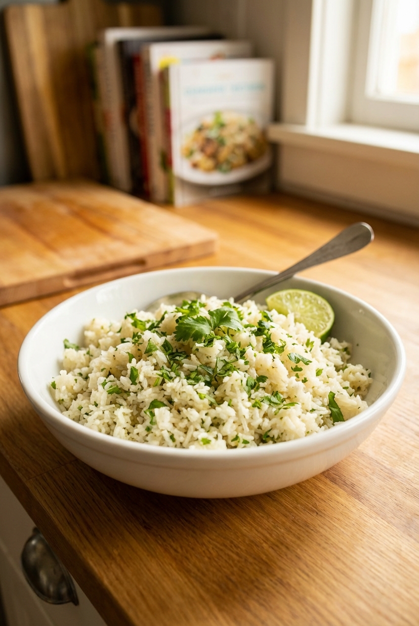 A real photo of a bowl of cilantro lime rice with a spoon on a kitchen counter