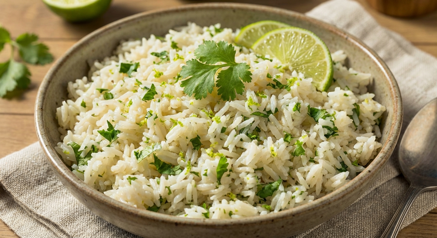 A real photo of a bowl of cilantro lime rice with fluffy grains and chopped cilantro