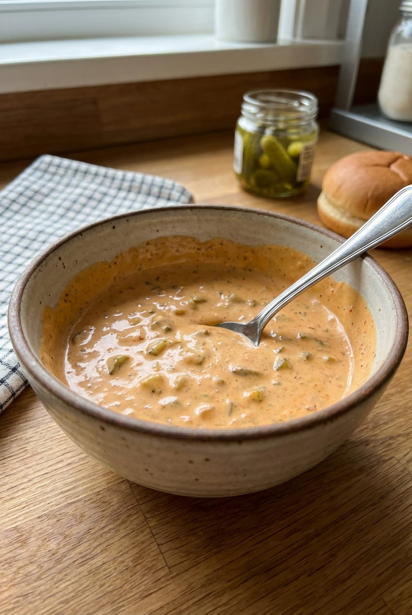 A real photo of a bowl of creamy burger sauce with a spoon resting in it