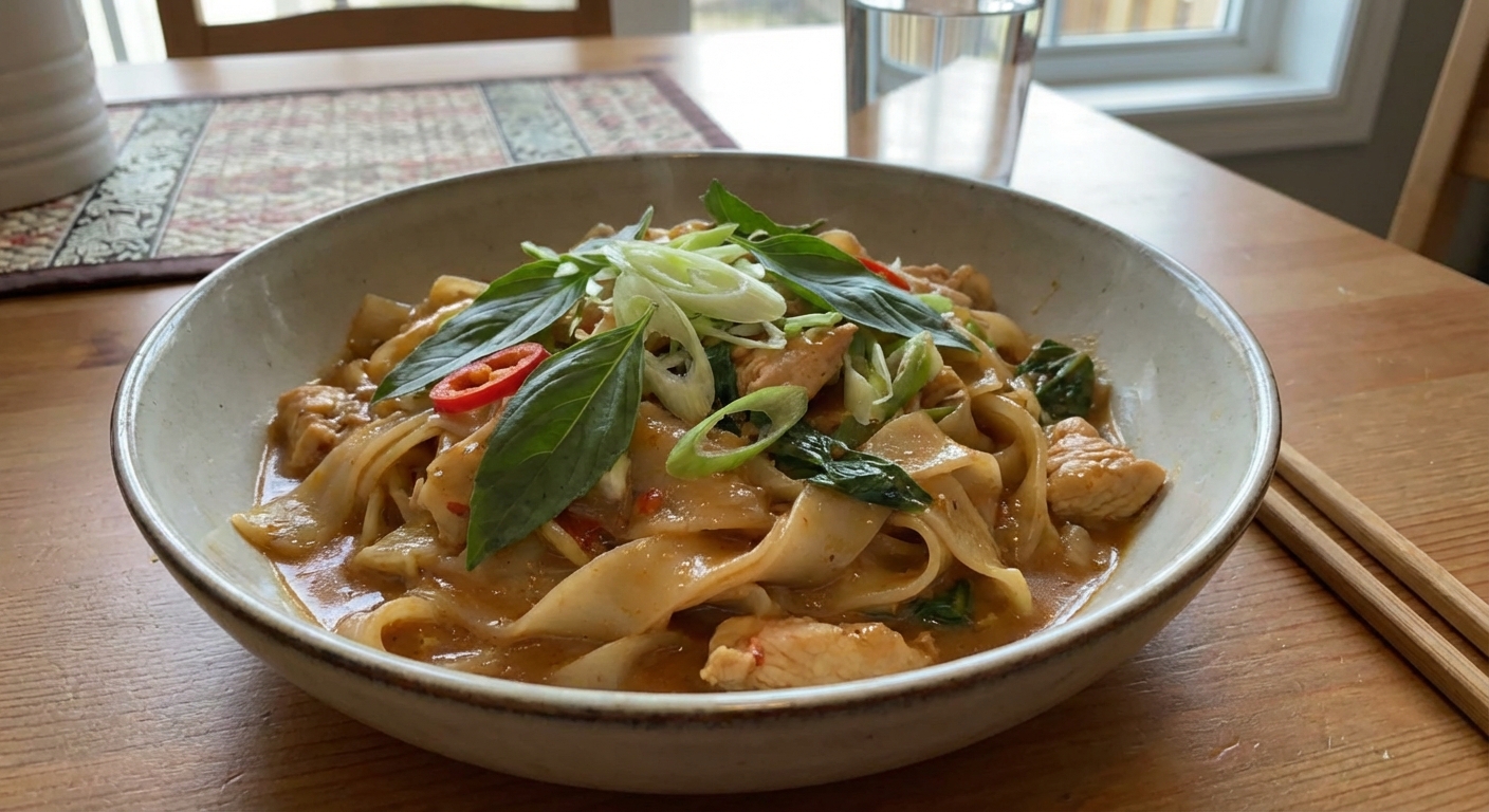 A real photo of a bowl of creamy drunken noodles topped with fresh basil and sliced scallions