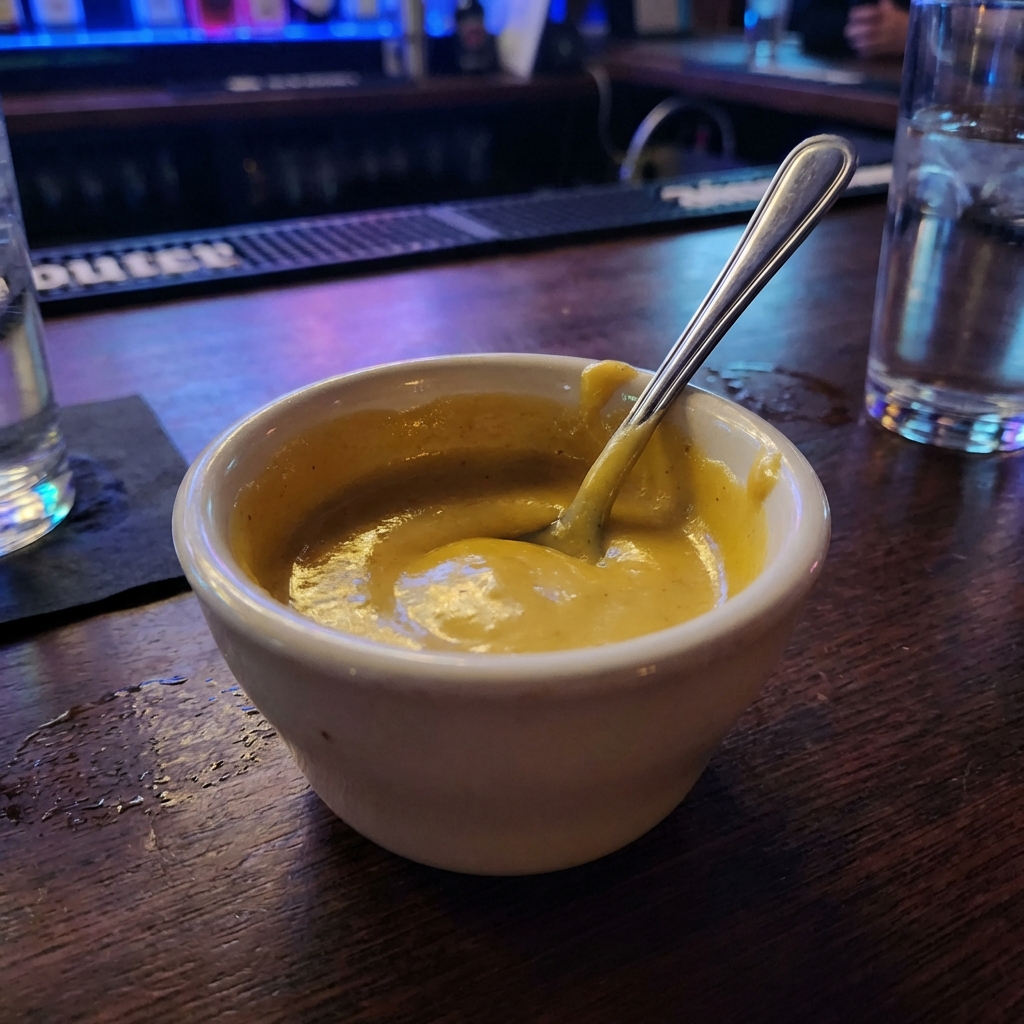 A real photo of a bowl of creamy honey mustard dipping sauce with a spoon