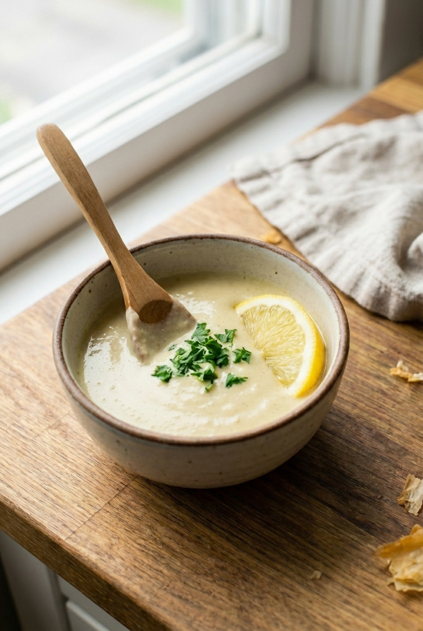 A real photo of a bowl of creamy lemon tahini sauce with a spoon