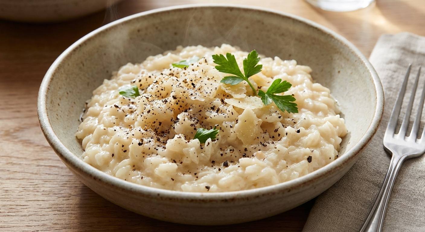 A real photo of a bowl of creamy parmesan rice with cracked black pepper