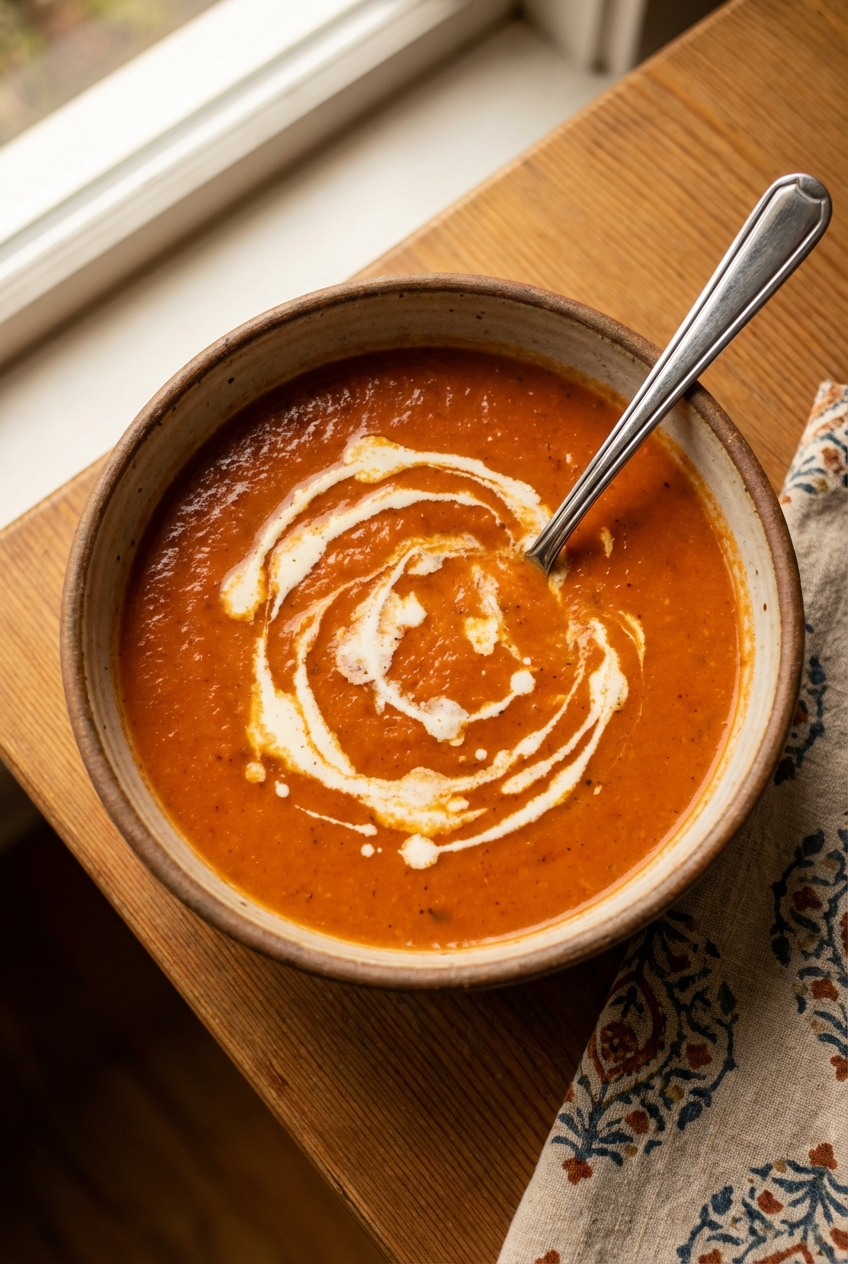 A real photo of a bowl of creamy tomato soup with a swirl of cream