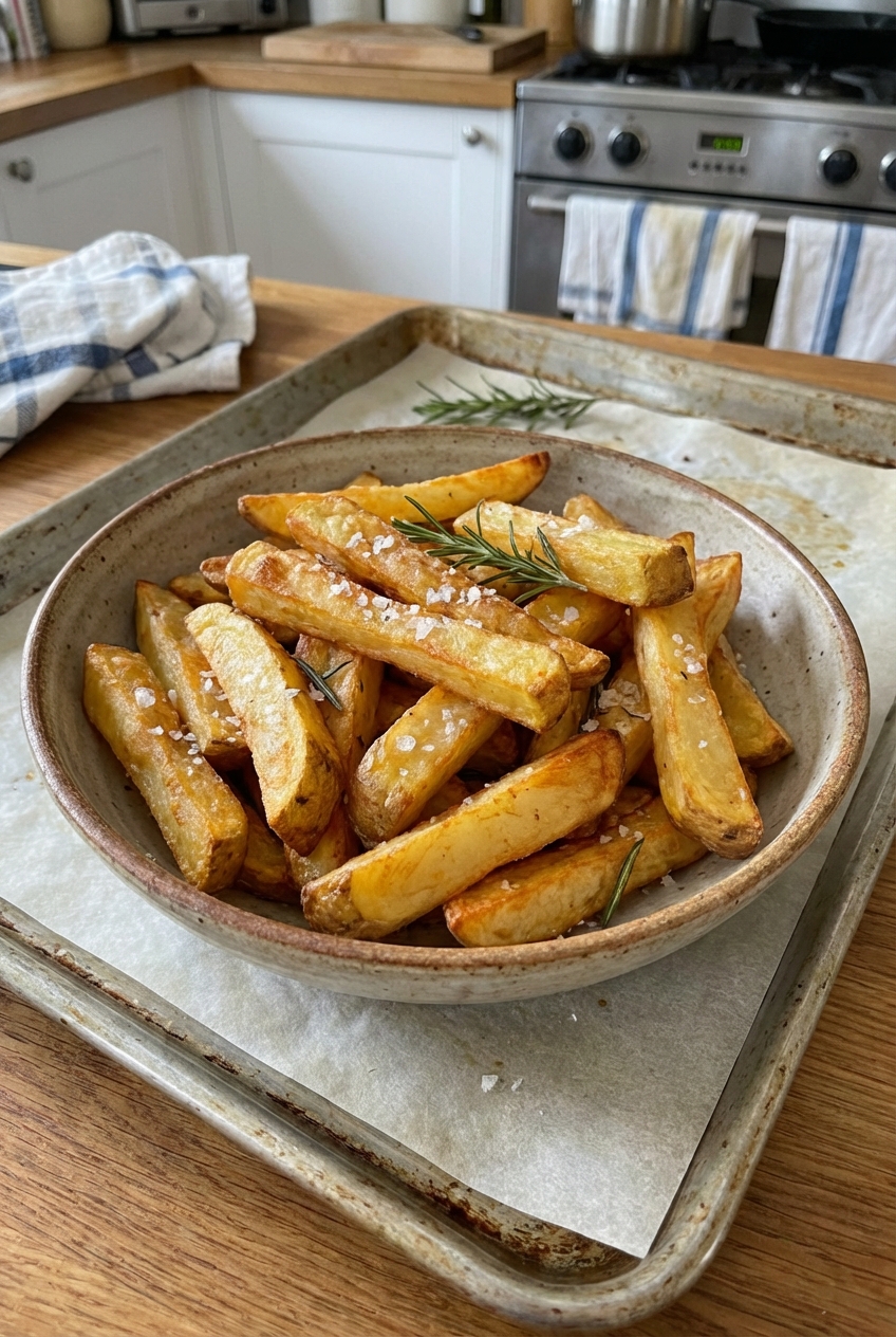 A real photo of a bowl of crispy oven fries with sea salt on a baking sheet