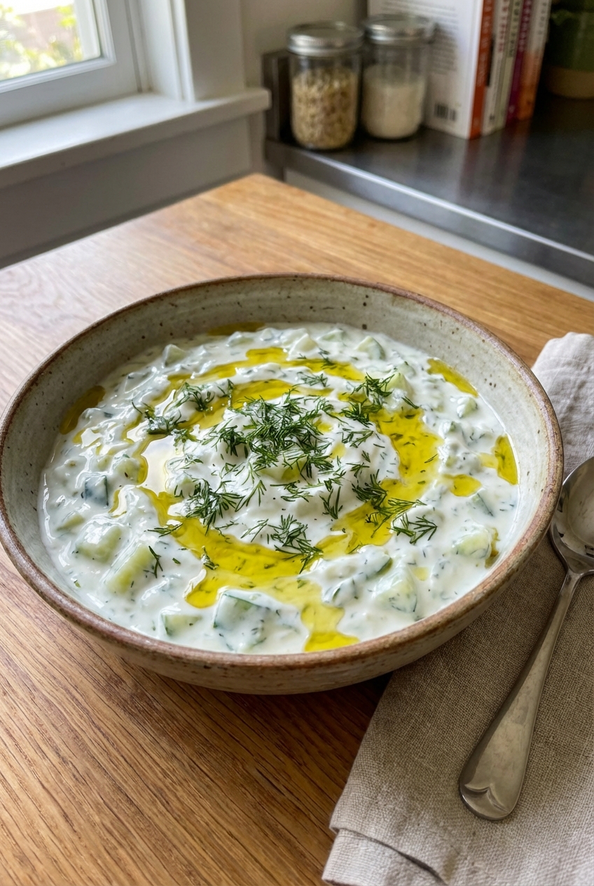 A real photo of a bowl of cucumber dill yogurt dip with olive oil drizzle and chopped dill