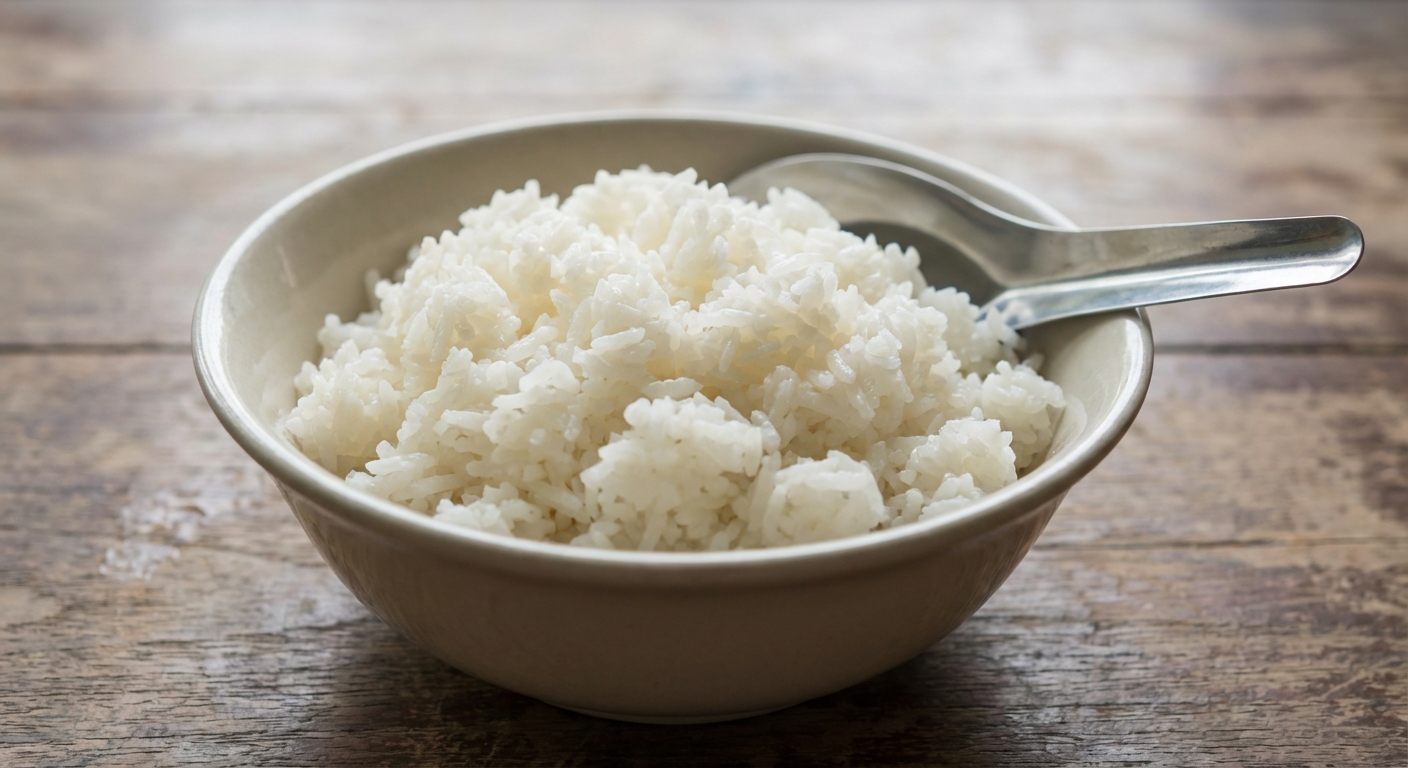 A real photo of a bowl of fluffy steamed jasmine rice with a spoon resting on the edge