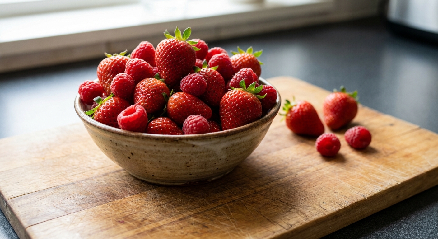 A real photo of a bowl of fresh strawberries and raspberries on a wooden cutting board