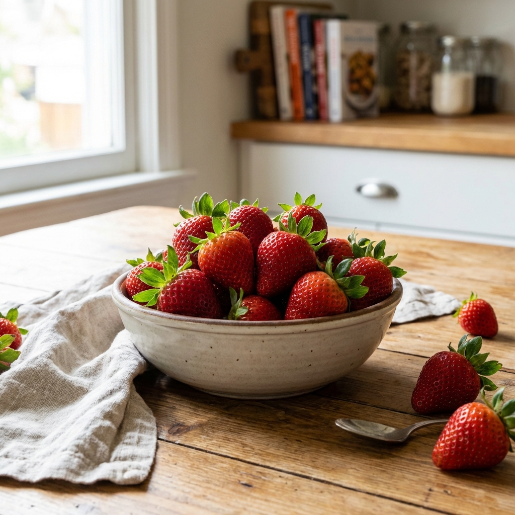 A real photo of a bowl of fresh strawberries on a kitchen table