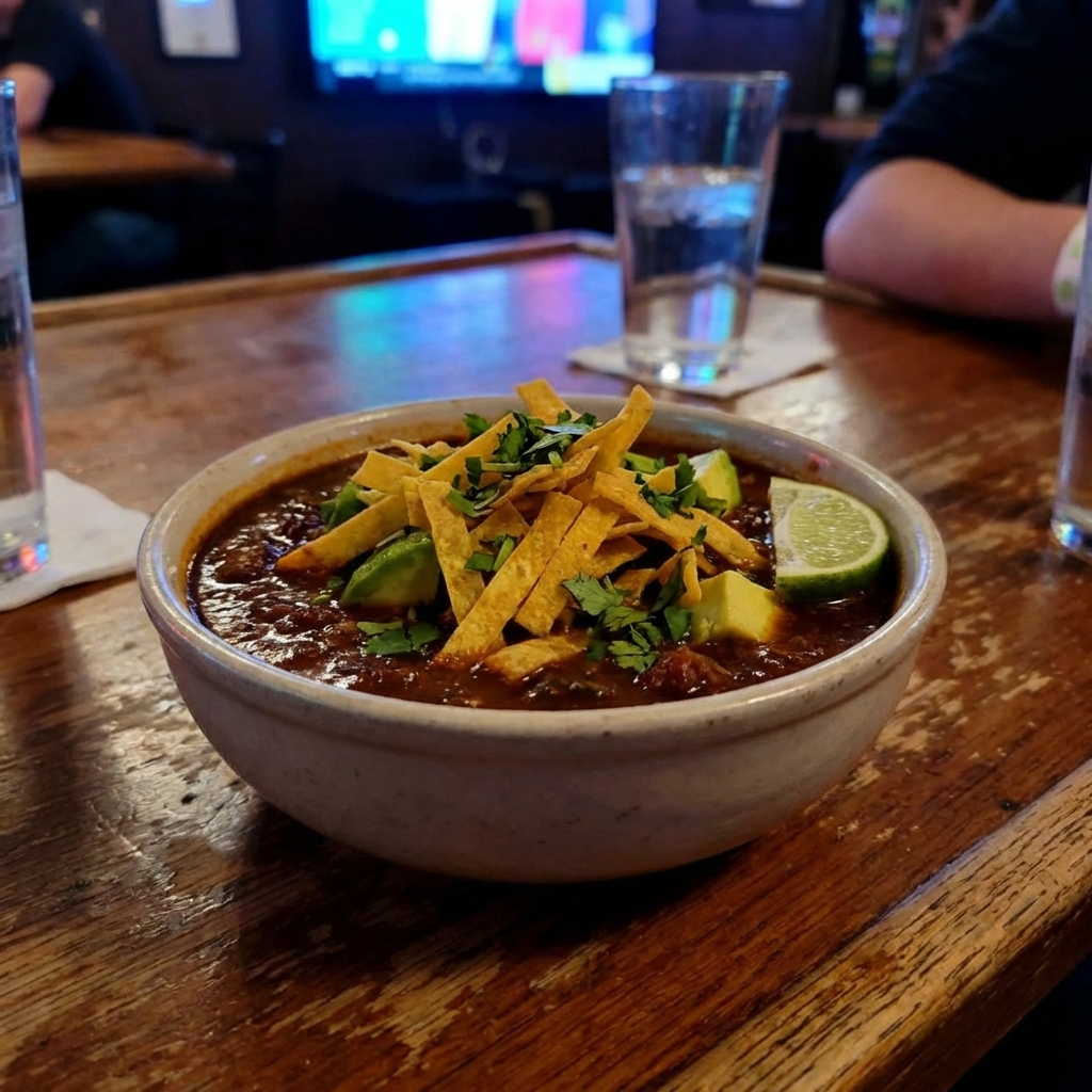 A real photo of a bowl of hearty chili topped with crispy tortilla strips, diced avocado, cilantro, and a lime wedge on a wooden table