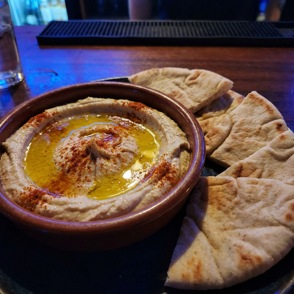 A real photo of a bowl of hummus with olive oil and paprika served with warm pita wedges