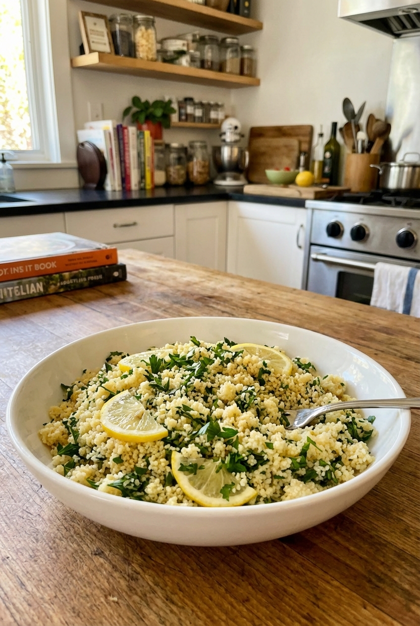 A real photo of a bowl of lemony couscous with parsley on a kitchen counter