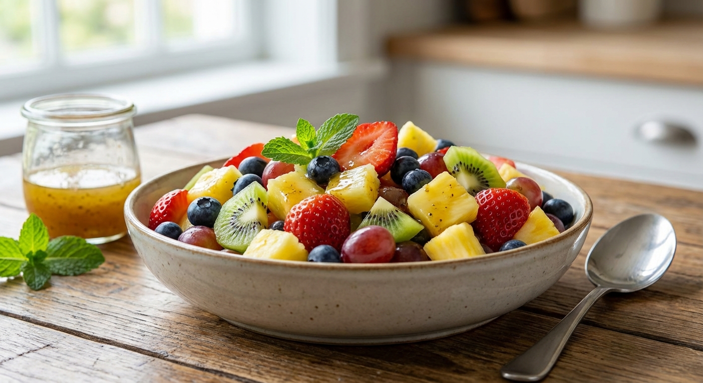 A real photo of a bowl of mixed fruit salad with honey lime dressing and mint leaves
