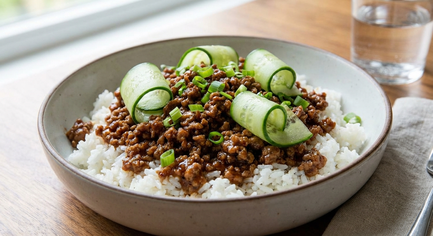 A real photo of a bowl of rice topped with saucy ground pork, quick cucumber ribbons, and sliced scallions