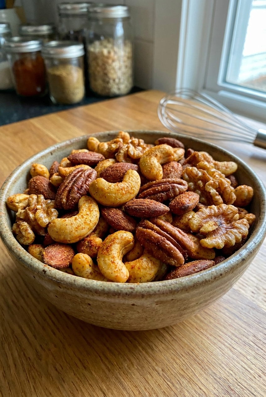 A real photo of a bowl of roasted spiced mixed nuts on a table