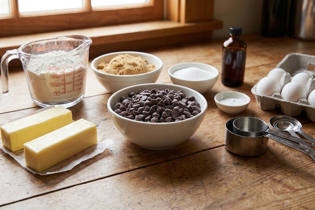 A real photo of a bowl of semi-sweet chocolate chips next to baking ingredients on a kitchen counter