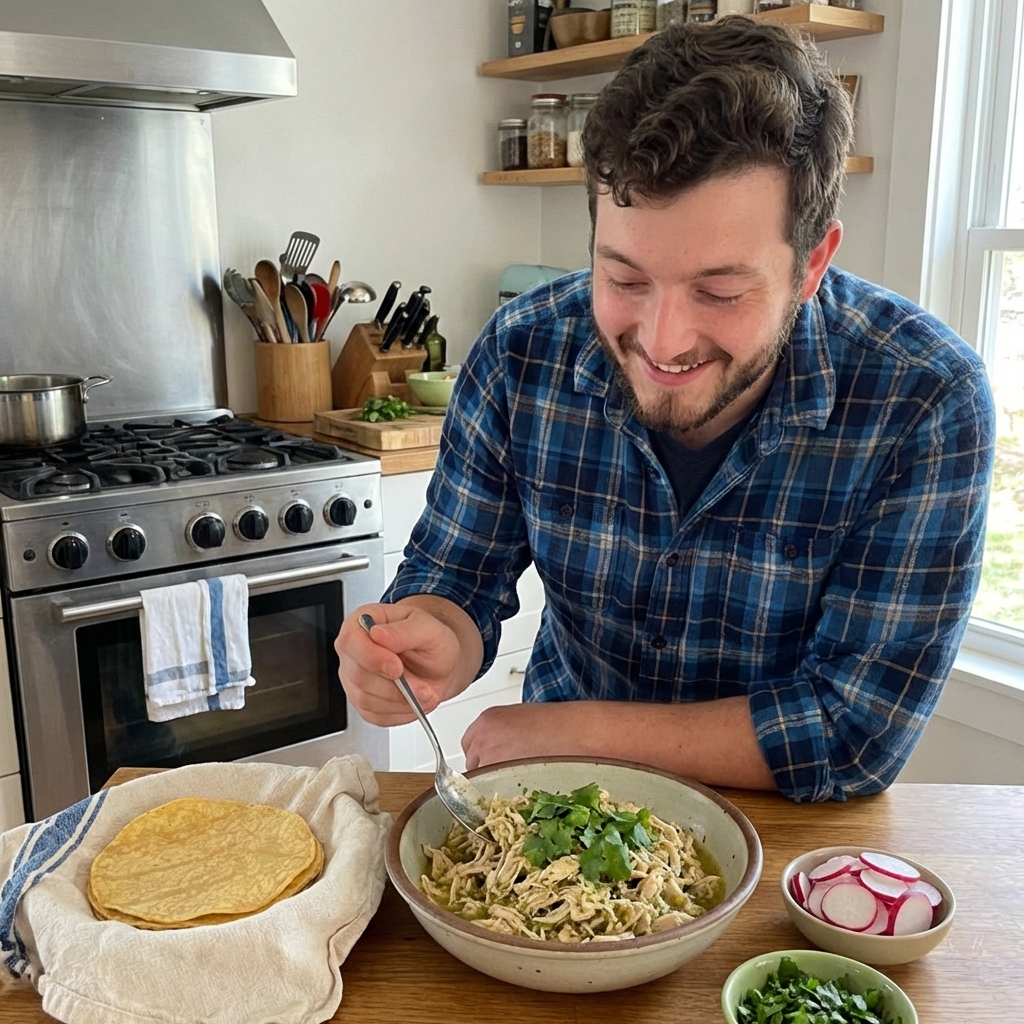 A real photo of a bowl of shredded salsa verde chicken served with warm tortillas, sliced radishes, and cilantro