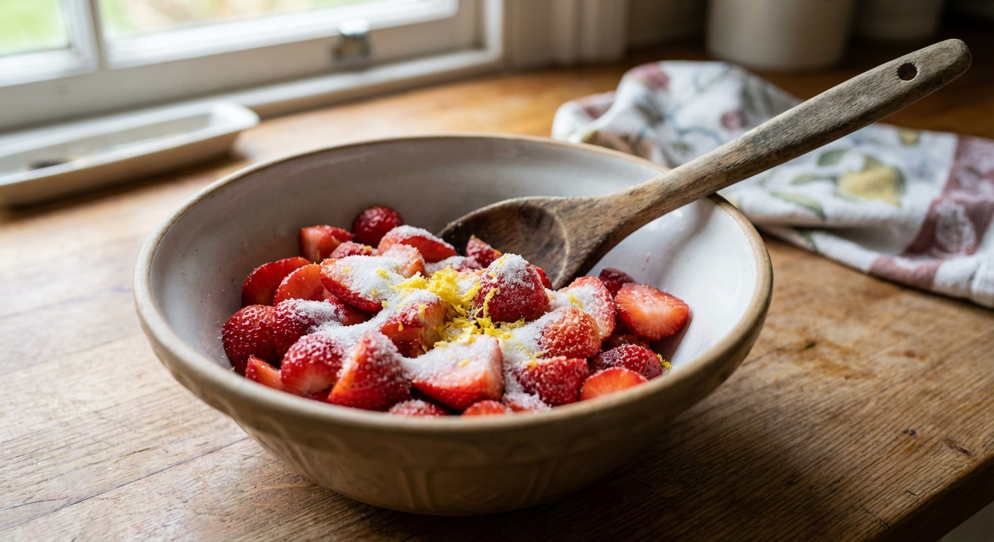 A real photo of a bowl of sliced strawberries with sugar and lemon zest resting on a kitchen counter with a wooden spoon