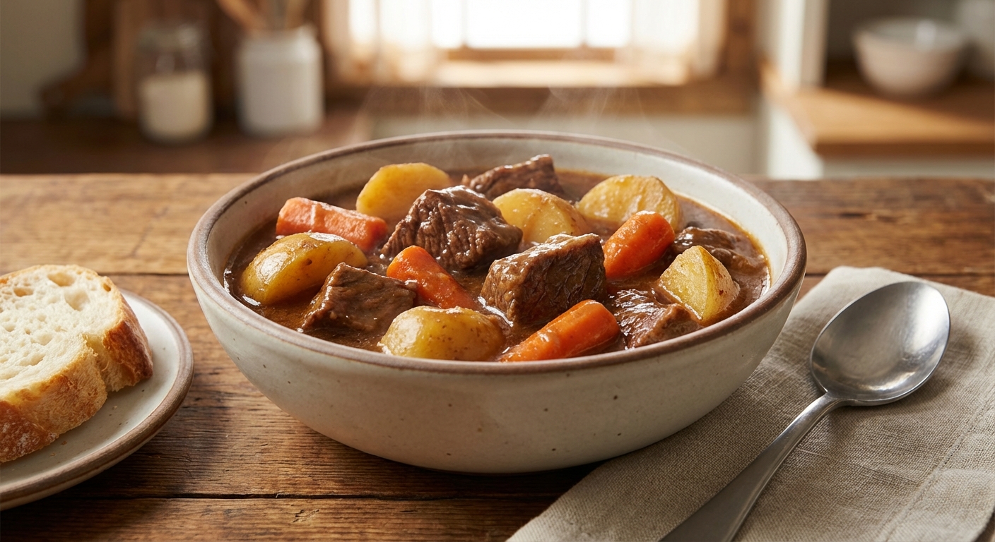 A real photo of a bowl of slow cooker beef stew with tender beef chunks, potatoes, carrots, and rich brown gravy on a wooden table with a spoon nearby