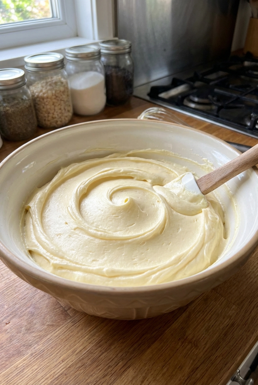 A real photo of a bowl of smooth vanilla buttercream with a spatula swirl on a kitchen counter