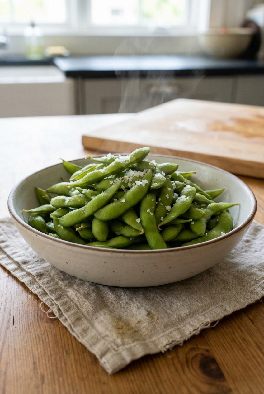 A real photo of a bowl of steamed edamame with flaky salt