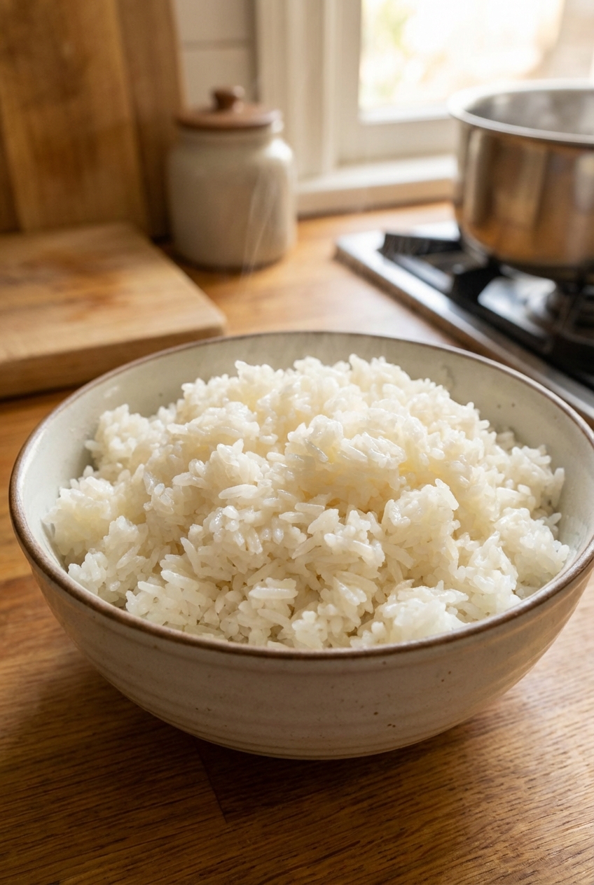 A real photo of a bowl of steamed jasmine rice with fluffy grains