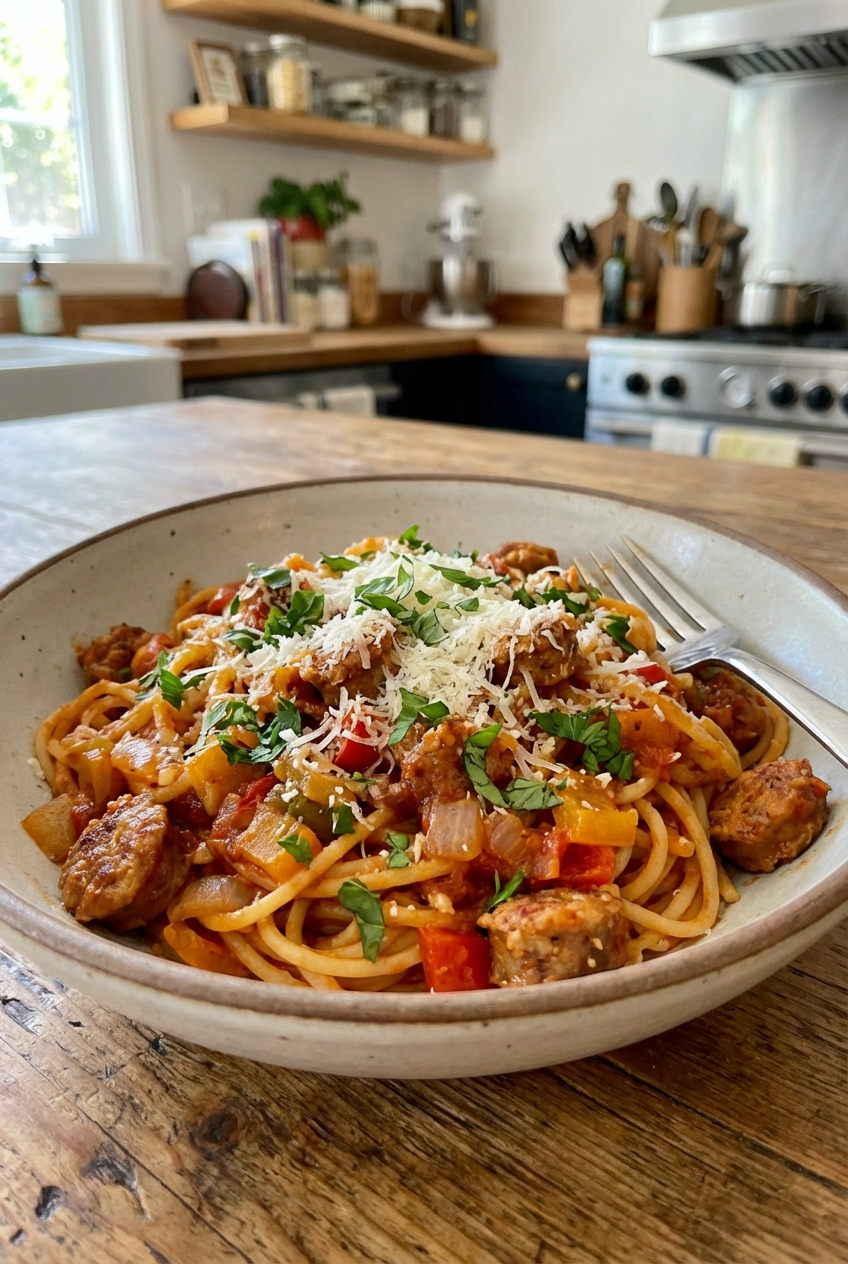 A real photo of a bowl of sweet and spicy one pot pasta topped with parmesan and herbs, with a fork resting on the side
