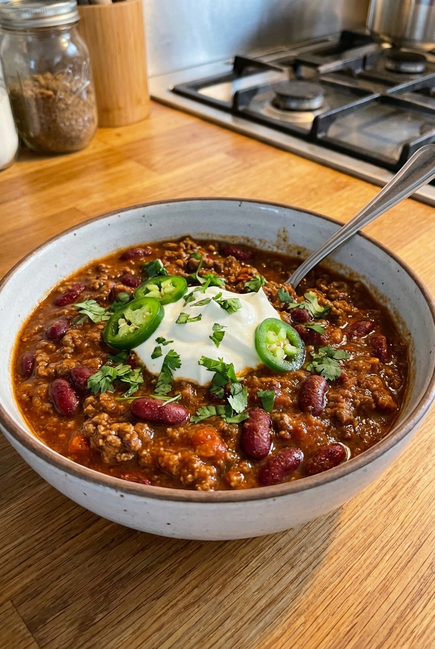A real photo of a bowl of thick chili with visible beans and ground beef, topped with sour cream and jalapeños, on a kitchen counter