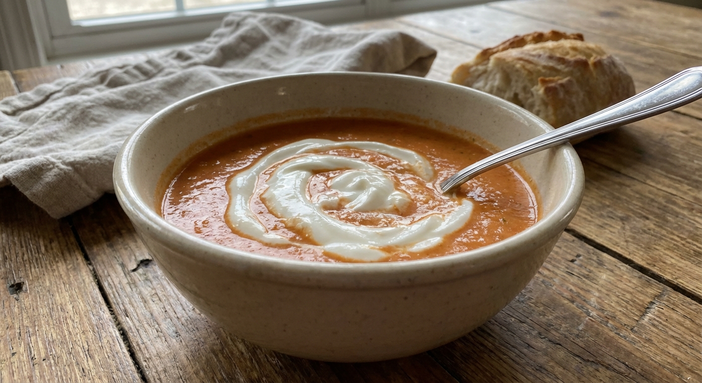 A real photo of a bowl of tomato soup with a swirl of yogurt on top