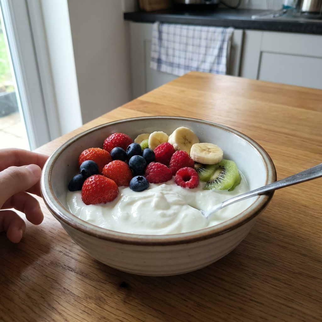A real photo of a bowl of yogurt topped with fresh berries and sliced fruit