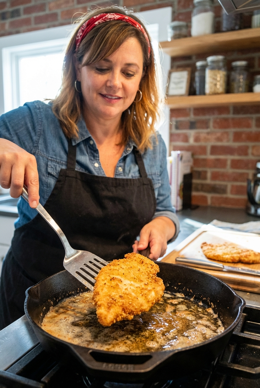 A real photo of a breaded chicken cutlet being flipped in a skillet with golden oil bubbling around the edges