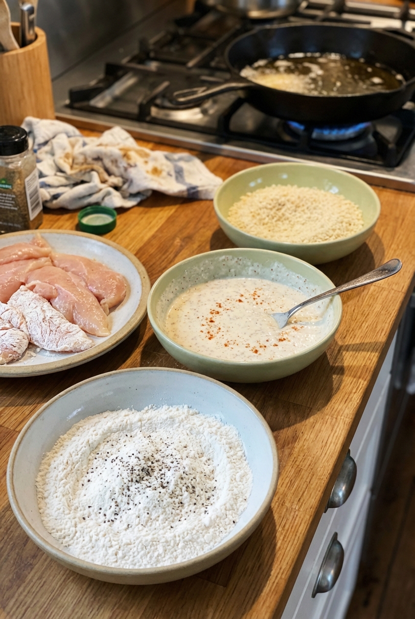 A real photo of a breading station on a countertop with bowls of flour and seasoned buttermilk, raw chicken tenders ready to bread, and a skillet heating in the background
