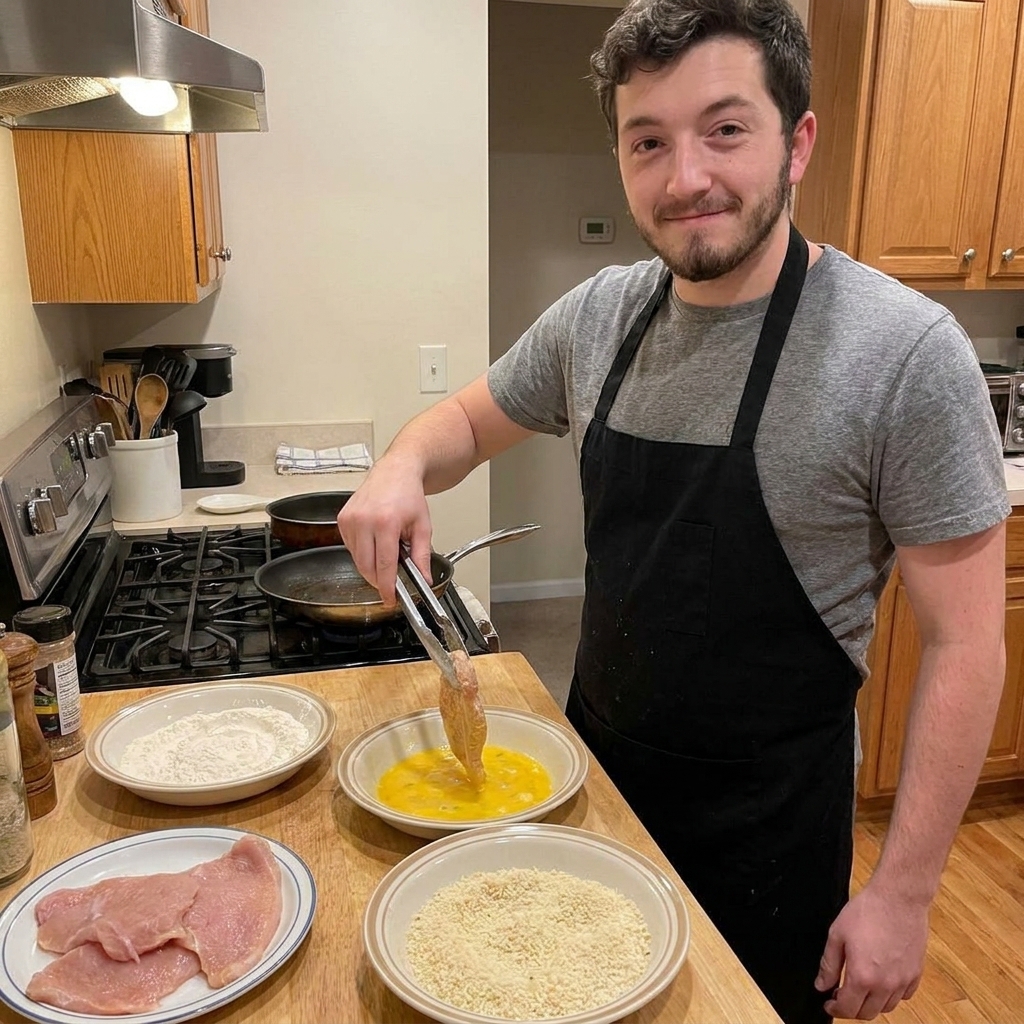 A real photo of a breading station on a kitchen counter with flour, beaten eggs, and panko breadcrumbs in separate shallow bowls, ready for frying cutlets