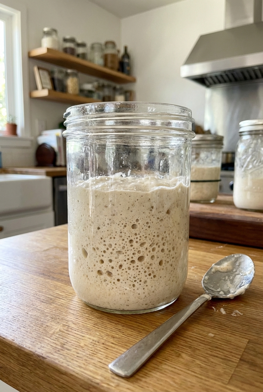 A real photo of a bubbly active sourdough starter in a glass jar on a kitchen counter with a spoon resting beside it