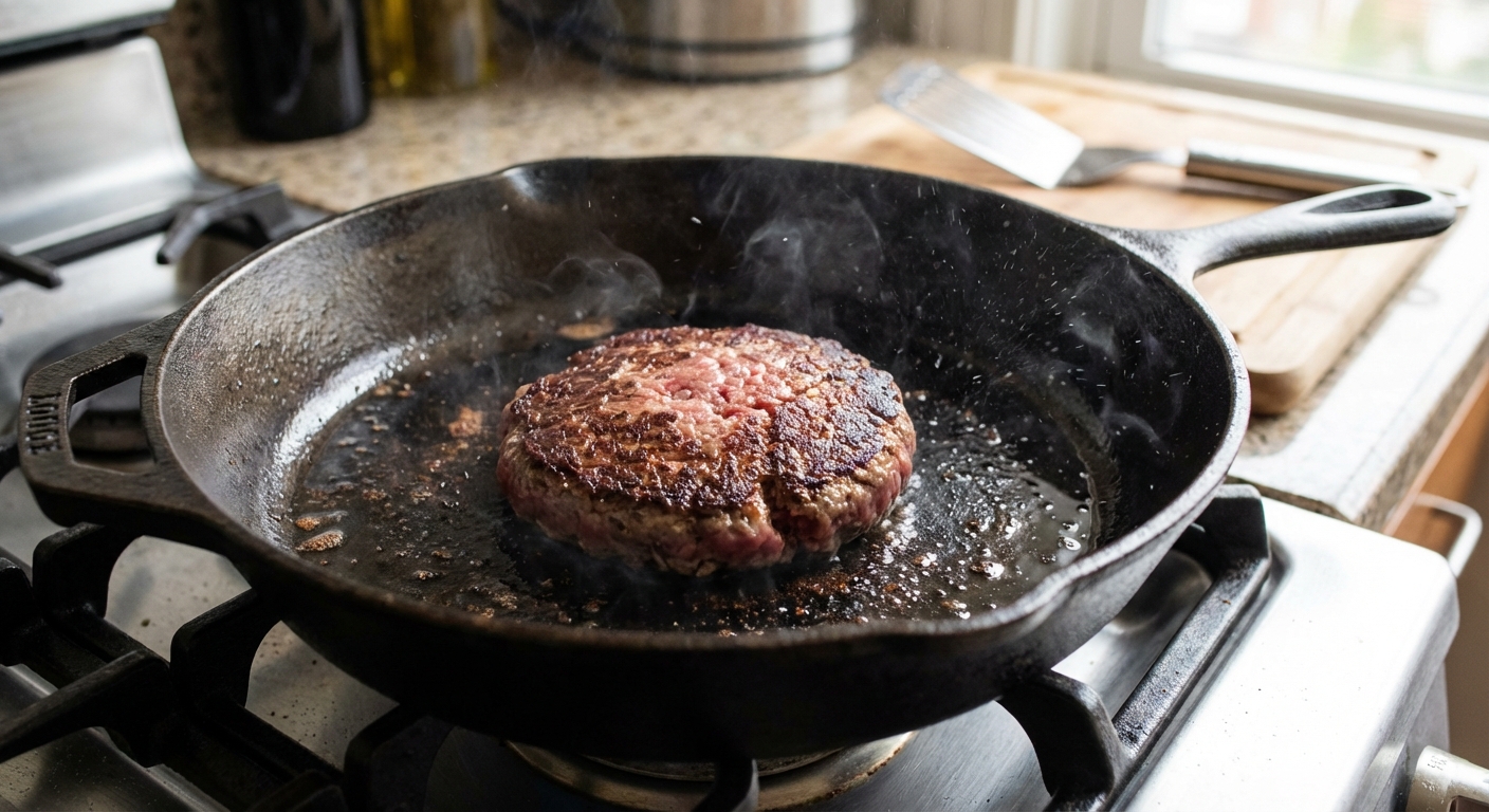 A real photo of a burger patty searing in a cast iron skillet with a deep brown crust forming