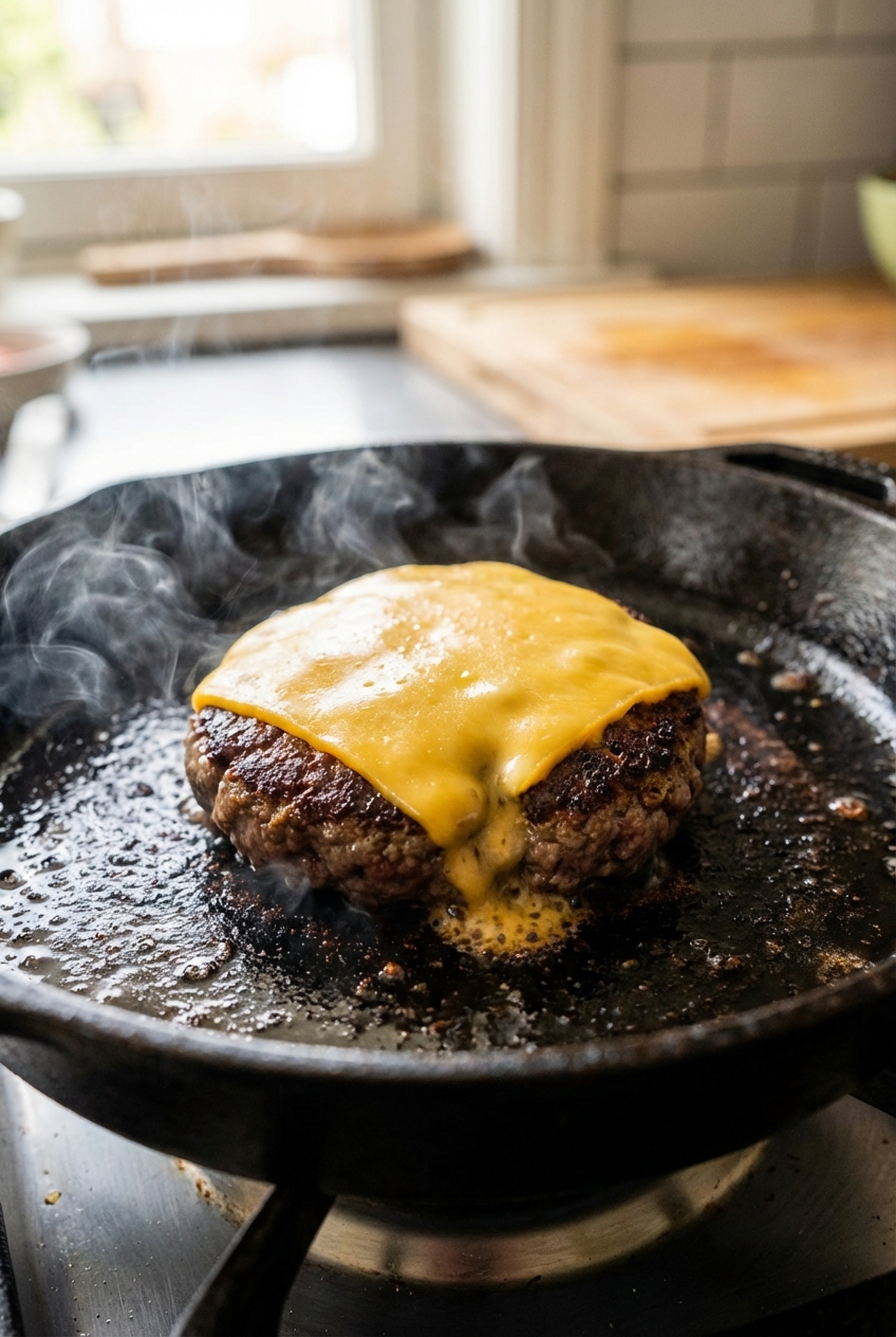 A real photo of a burger patty searing in a cast iron skillet with browned crust forming and a slice of cheese melting on top