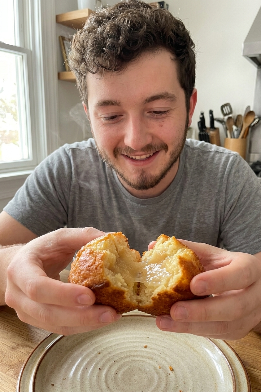 A real photo of a butter mochi muffin broken open to show a glossy, chewy interior crumb with a lightly browned crisp edge, held over a plate in a home kitchen