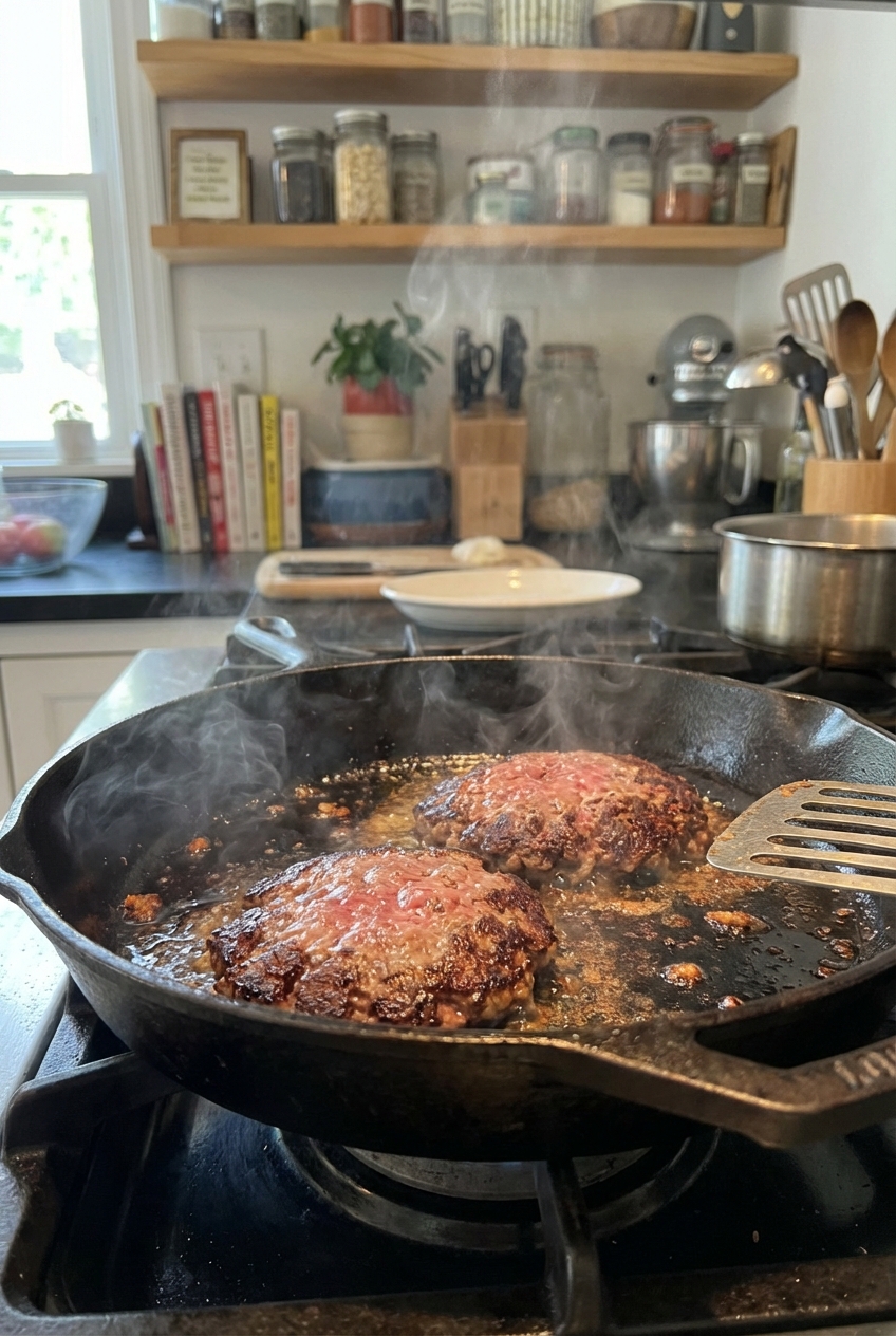 A real photo of a cast iron skillet on a stovetop with two smashed burger patties sizzling and developing browned edges