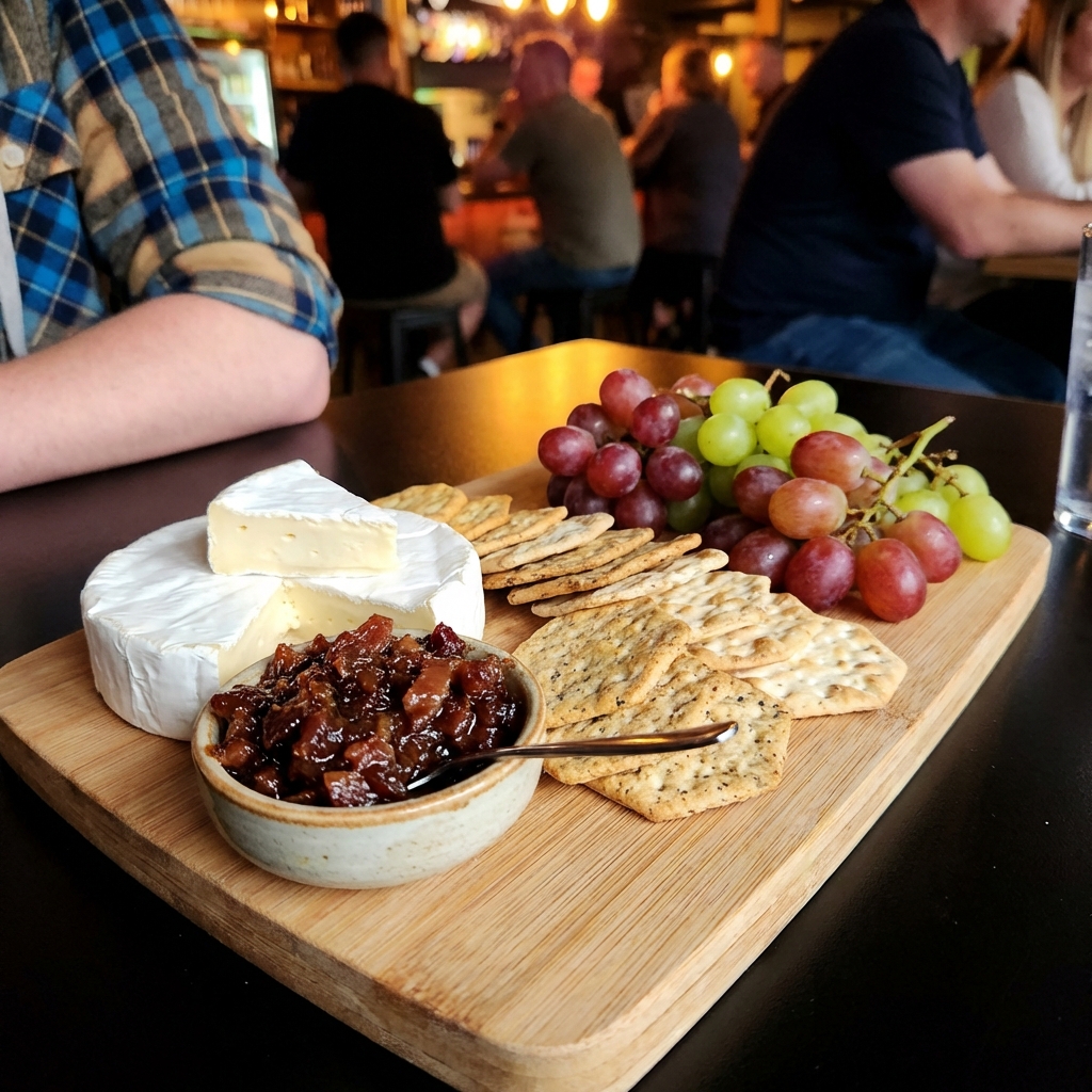 A real photo of a cheese board with brie, crackers, grapes, and a small bowl of bacon jam