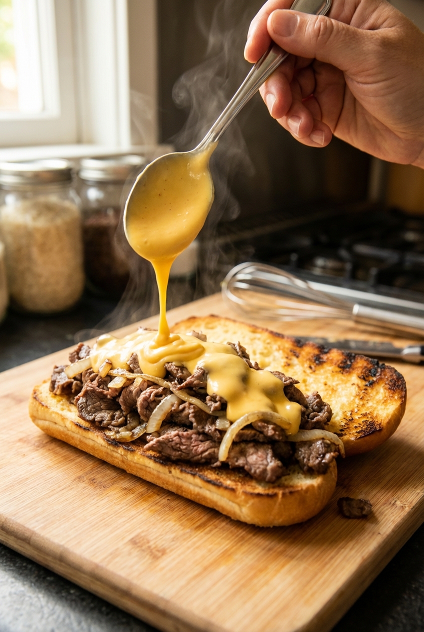 A real photo of a cheesesteak being assembled on a toasted roll with cheese sauce being spooned over the beef