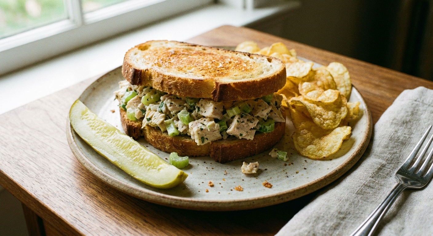 A real photo of a chicken salad sandwich on a plate with a crunchy pickle spear and potato chips