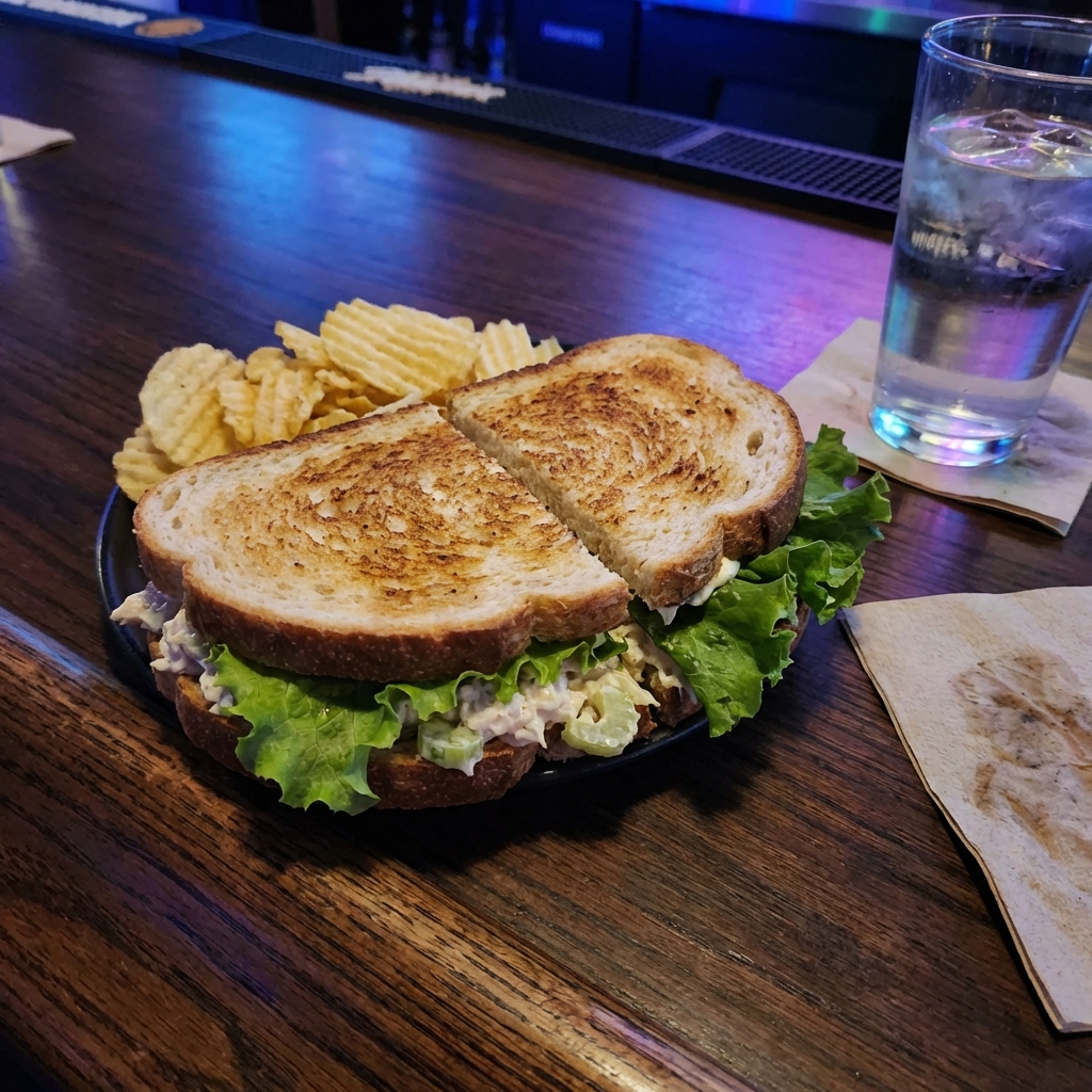 A real photo of a chicken salad sandwich on toasted bread with lettuce, with a small pile of potato chips on the side