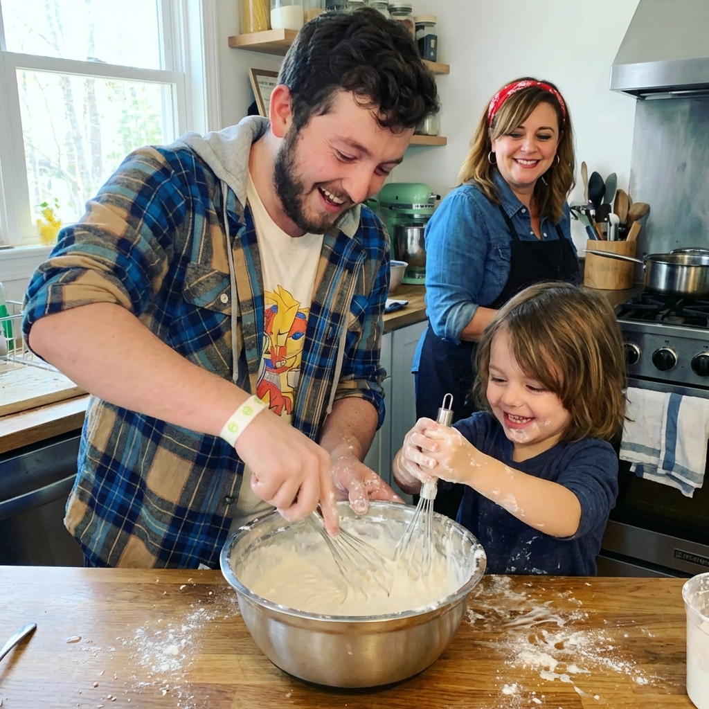 A real photo of a child and an adult mixing oobleck in a large bowl with a whisk on a kitchen counter